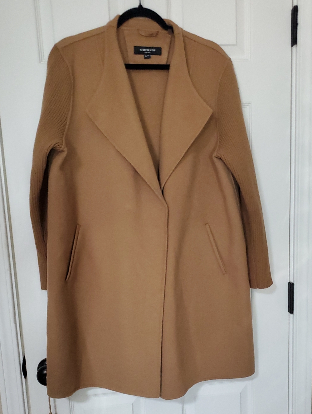 Kenneth Cole Camel Rib-Sleeve Open-Front Trench Coat